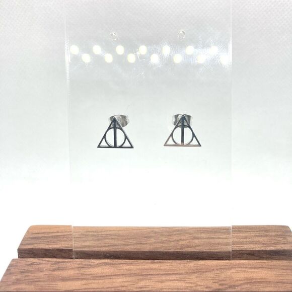 SILVER Stainless Steel Deathly Hallows Earrings - Picture 3 of 8